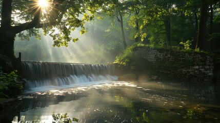 Poster - Tranquil Stream with Sunlight and Misty Forest View