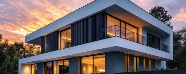 Wall Mural - Modern house exterior with white concrete walls and black wood slats, illuminated by sunset Large windows with glass railings