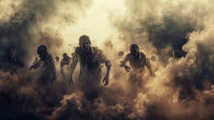 A horde of zombies breaking through a barricade in a post-apocalyptic setting, with smoke and destruction all around.