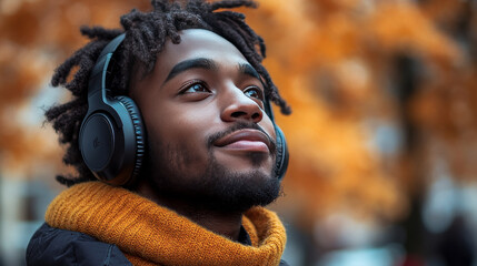 Wall Mural - Young man with headphones: enjoying music on the go.