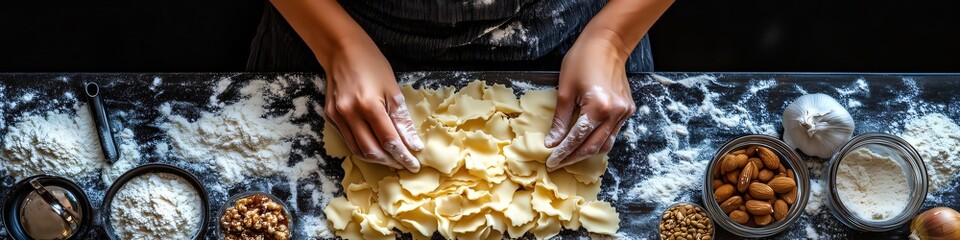 panoramic header with baker preparing fresh ravioli pasta dough on a table sprinkled with flour, wit