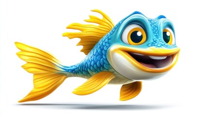 Wall Mural - Cartoon Blue Fish with Yellow Fins and a Big Smile