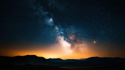 Canvas Print - night sky with milky way galaxy over silhouetted mountains and orange horizon glow