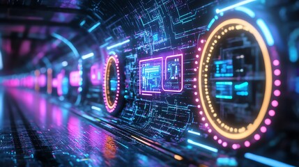 Wall Mural - futuristic neon-lit digital tunnel with glowing circuits and vibrant lights, representing advanced t