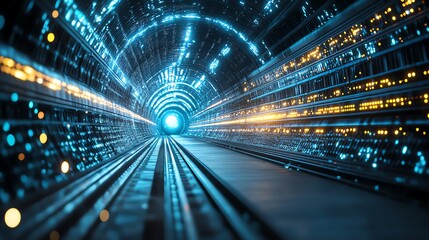 Wall Mural - futuristic tunnel with neon lights creating an abstract digital background, symbolizing speed and te