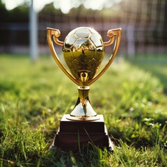 A gleaming soccer trophy stands amidst a field, capturing the essence of triumph and dedication in the world of sports.