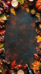 Autumn harvest arrangement with seasonal fruits, vegetables, and beverages on a rustic table setting during a cozy fall gathering