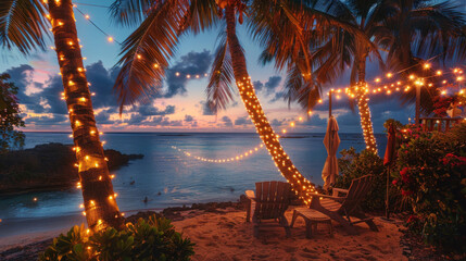 A tropical Christmas vacation with palm trees decorated in lights, beach chairs, and a festive oceanfront dinner