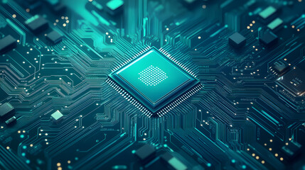 Technology banner background. blue green tech background. abstract futuristic circute illustration, chip or semiconductor in center, concept for furete tech