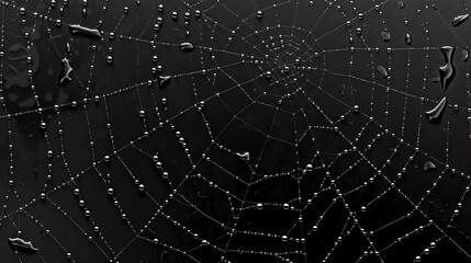 a spider web with dew drops on the strands.