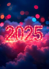 2025 New Year Background. Large vibrant numbers with colorful glowing lights, surrounded by thick clouds. Happy new year, festive neon atmosphere.