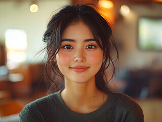 a close-up of a young woman with a bright smile. She appears to be in an cafe indoor setting with a warm ambiance.