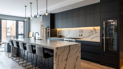 Contemporary kitchen with matte black cabinetry, a marble island with waterfall edges, and integrated stainless steel appliances, complemented by warm pendant lighting and minimalist design elements.