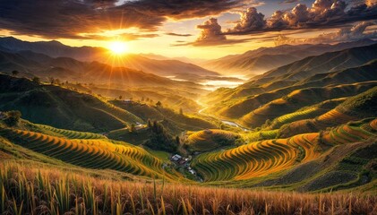 Wall Mural - oil painting. harvest season in mu cang chai rice terraces, northern vietnam, south east asia under 