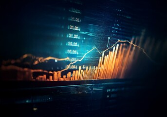 Fototapete - Close-up view of a computer screen displaying a financial chart. The screen shows a line graph and bar charts.  The bars are orange and the line is yellow, while the background is a dark blue.