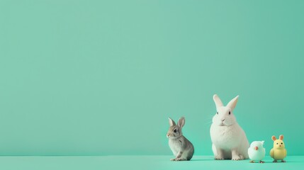 Canvas Print - Two bunnies and two toy birds in front of a mint green background.