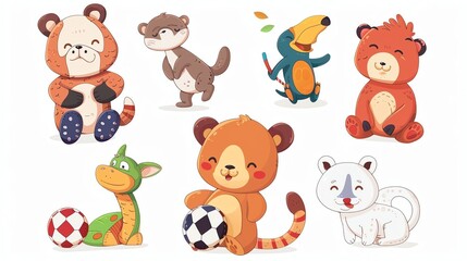 Canvas Print - A set of cartoon animals: a bear, an otter, a toucan, a bear, a dragon, a bear, and a polar bear.