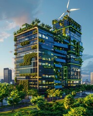 Futuristic Eco Friendly Office Building Integrating Renewable Energy Solutions in Urban Landscape