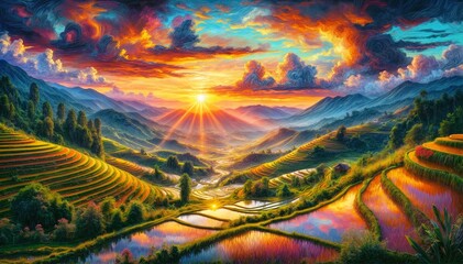 Wall Mural - impasto oil painting. harvest season in mu cang chai rice terraces, northern vietnam, south east asi