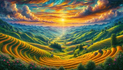 Wall Mural - impasto oil painting. harvest season in mu cang chai rice terraces, northern vietnam, south east asi