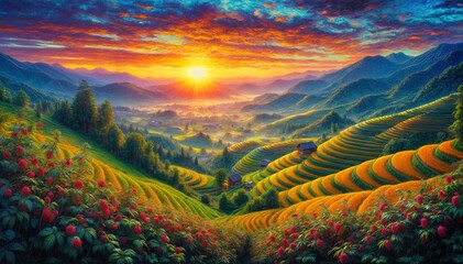 Wall Mural - impasto oil painting. harvest season in mu cang chai rice terraces, northern vietnam, south east asi