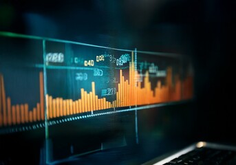 Poster - A close-up of a computer screen displaying a financial chart with orange bars and green lines against a dark background.