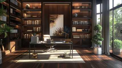 Wall Mural - sophisticated home office interior design with dark wood finishes, a sleek metal desk, and floor-to-