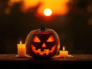 A spooky jack-o-lantern glowing with candlelight on a dark autumn night, perfect for Halloween celebrations