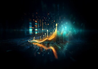 Aufkleber - An abstract image of an upward-trending line graph, suggesting growth and progress, against a dark background with bokeh lights.