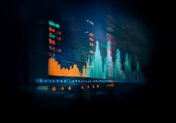 Fototapete - A close-up shot of a computer screen displaying a vibrant orange and green financial chart.