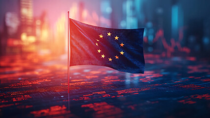 A Europ flag with a stock market chart in the background, in blue and red colors. Light blue and bright plain background, plain technology background, light blue, light and bright tones.