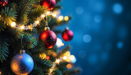 Close-up of a Christmas tree decorated with beautiful ornaments and glowing lights, on a colorful background. A festive christmas atmosphere.