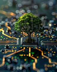 Wall Mural - digital tree growing from motherboard with binary code leaves symbolizing organic tech ecosystem
