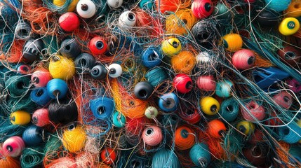 A colorful tangle of fishing net floats and lines.