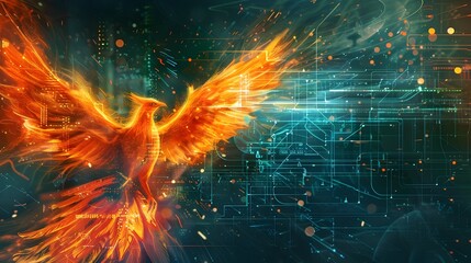 Wall Mural - digital phoenix rising from technological ashes symbolizing constant innovation and rebirth