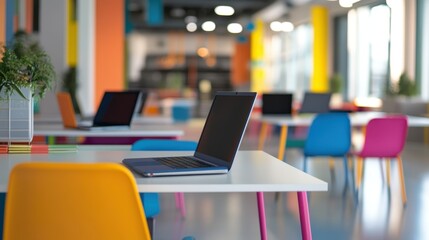 colorful office environment featuring a laptop on a table with bright chairs and decor, perfect for creative workspaces.