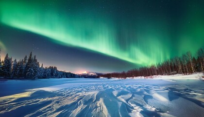 A peaceful and serene image of a winter night, illuminated by the magical glow of the Aurora Borealis
