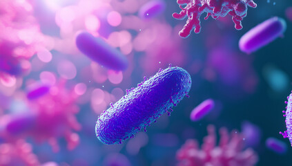 3D render of a close-up view of vibrant violet and pink bacteria in the background.