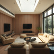 © S - A sleek, modern living room with energy-efficient technology, warm furniture, and abundant natural light.