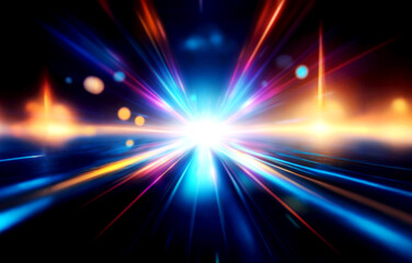 Abstract background with colorful light streaks radiating from a bright central point on a black background.