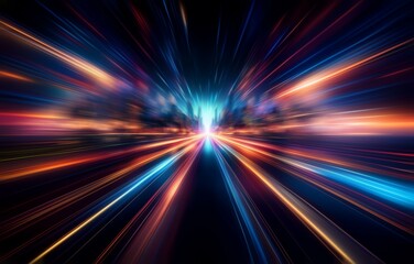 Abstract  background with glowing, colorful lines in motion toward a bright center.