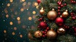 © vachom - Christmas tree with red and golden baubles and lights bokeh background. Space for text. Copy space. Greeting card.