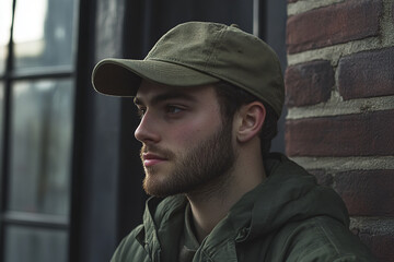 Rugged Outdoorsman in Military-Style Cap and Jacket