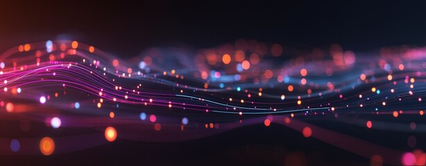 A glowing digital network of interconnected data nodes and lines floating in a dark space, representing data-driven marketing strategies.