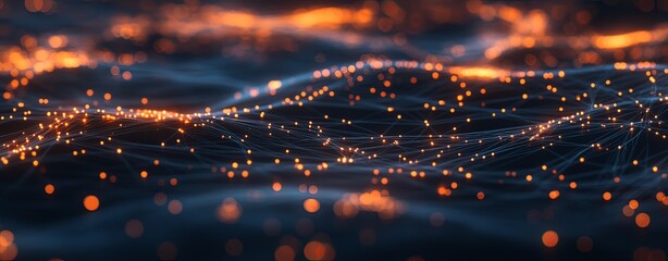 A glowing digital network of interconnected data nodes and lines floating in a dark space, representing data-driven marketing strategies.