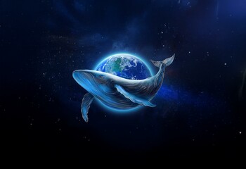 A stylized blue whale swims in front of a glowing earth, set against a dark, starry background.