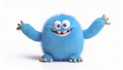 A cheerful, fluffy blue monster waves hello!  Its big eyes and toothy grin radiate joy and playful energy. A 3D-rendered digital creation.