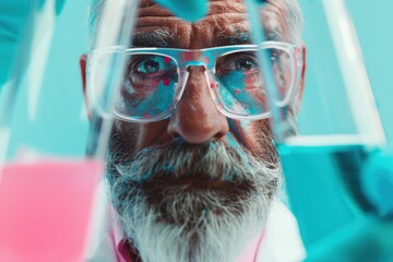 Wall Mural - scientist in lab coat examining colorful solutions with microscopes in research lab