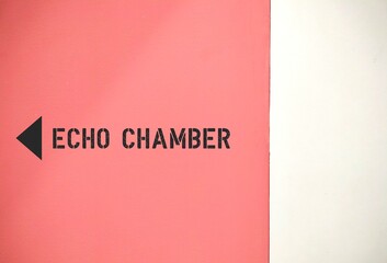 Pink wall with direction to Echo Chamber, environment where person only encounters information or opinions reflect their own can cause misinformation and distort perspective