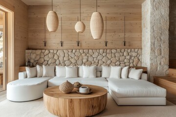 Wall Mural - Luxurious living room with light wood walls, white sofa, round wooden base coffee table, stone feature wall, and pendant lamps